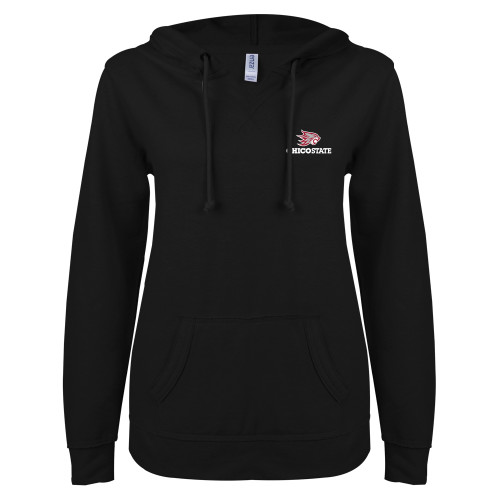  ENZA Womens Black V Notch Raw Edge Fleece Hoodie - Chico State Primary Mark