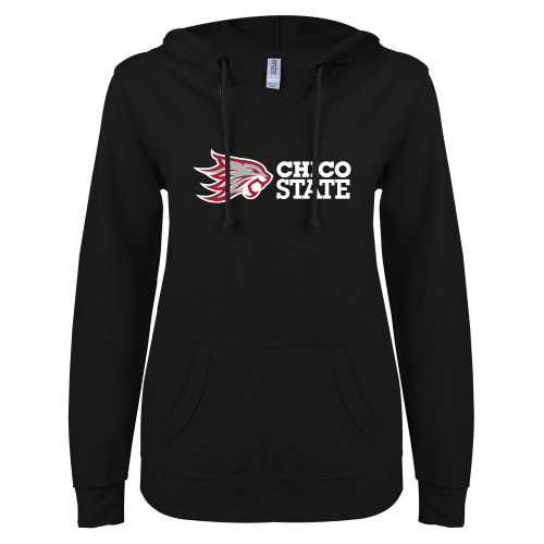  ENZA Womens Black V Notch Raw Edge Fleece Hoodie - Chico State Horizontal Mark