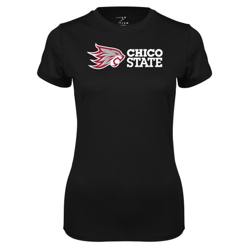  Womens Black Performance Tee - Chico State Horizontal Mark
