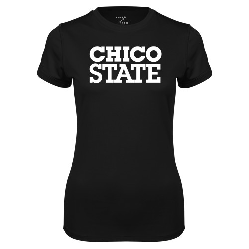  Womens Black Performance Tee - Chico State Stacked