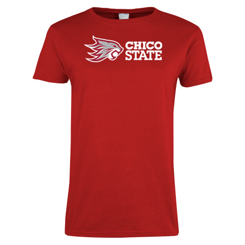  Womens Short Sleeve Red Tee - Chico State Horizontal Mark