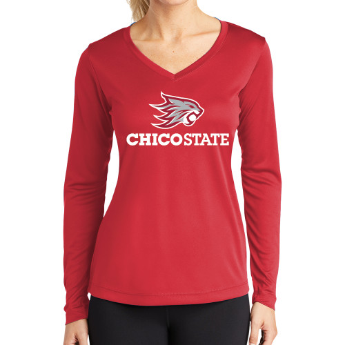  Womens Red Performance Long Sleeve V Neck Shirt - Chico State Primary Mark