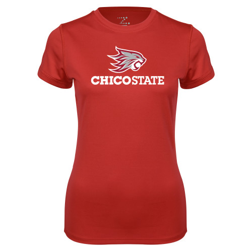  Womens Red Performance Tee - Chico State Primary Mark