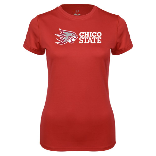  Womens Red Performance Tee - Chico State Horizontal Mark