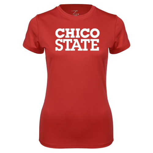  Womens Red Performance Tee - Chico State Stacked