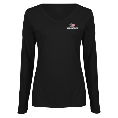  Womens Black Long Sleeve V Neck Tee  - Chico State Primary Mark