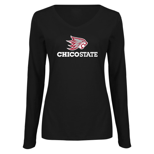  Womens Black Long Sleeve V Neck Tee  - Chico State Primary Mark