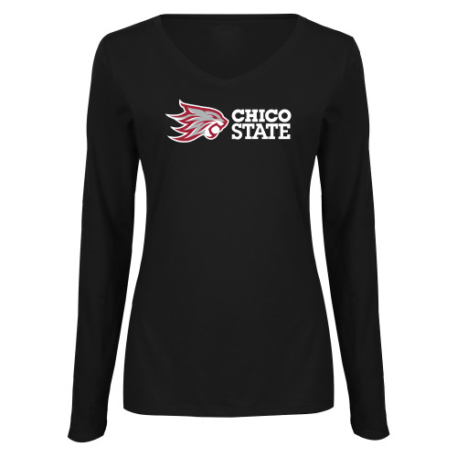  Womens Black Long Sleeve V Neck Tee  - Chico State Horizontal Mark