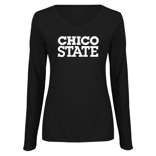  Womens Black Long Sleeve V Neck Tee  - Chico State Stacked