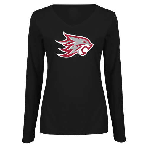  Womens Black Long Sleeve V Neck Tee  - Wildcat Head