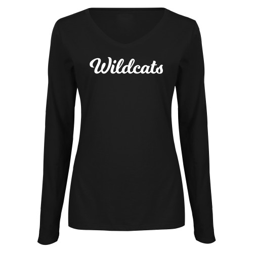  Womens Black Long Sleeve V Neck Tee  - Wildcats Script