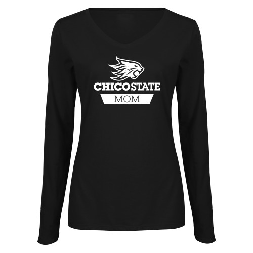  Womens Black Long Sleeve V Neck Tee  - Chico State Mom