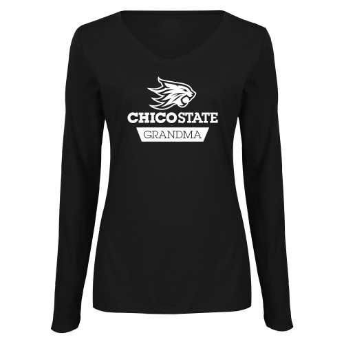  Womens Black Long Sleeve V Neck Tee  - Chico State Grandma