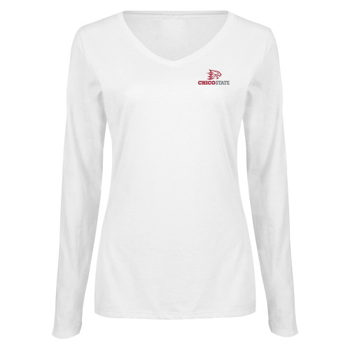  Womens White Long Sleeve V Neck Tee - Chico State Primary Mark