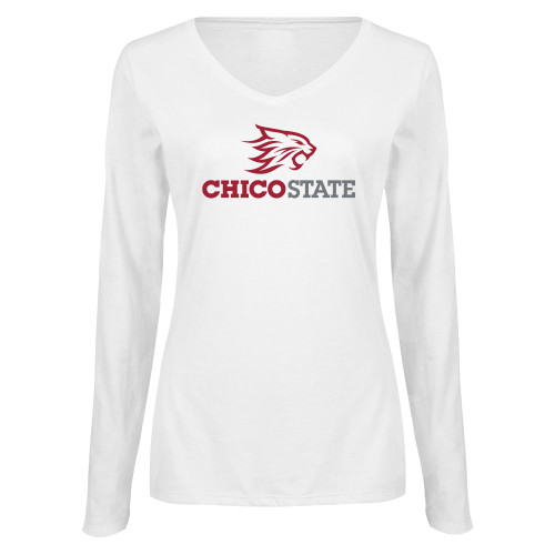 Womens White Long Sleeve V Neck Tee - Chico State Primary Mark