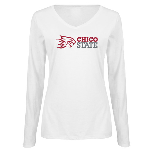  Womens White Long Sleeve V Neck Tee - Chico State Horizontal Mark