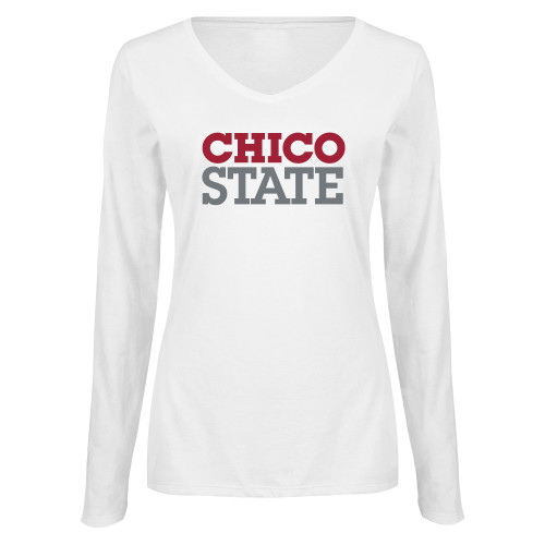  Womens White Long Sleeve V Neck Tee - Chico State Stacked