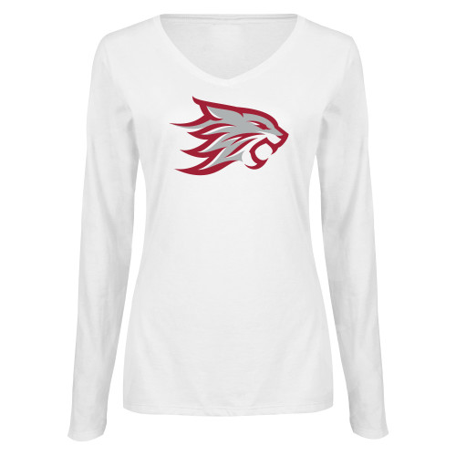  Womens White Long Sleeve V Neck Tee - Wildcat Head