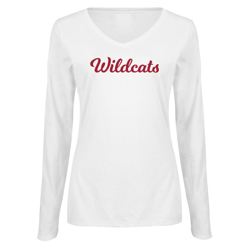  Womens White Long Sleeve V Neck Tee - Wildcats Script