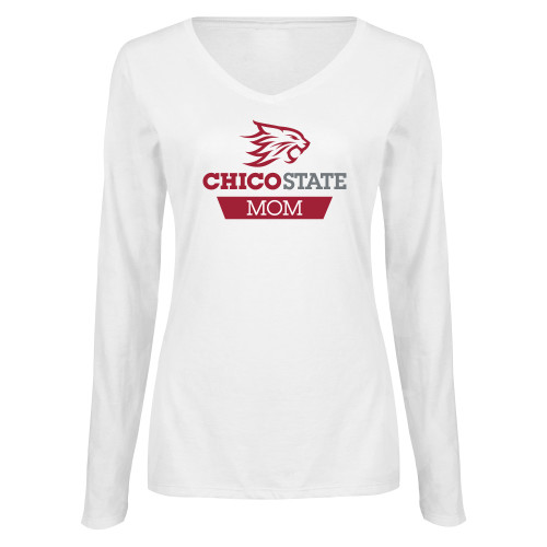  Womens White Long Sleeve V Neck Tee - Chico State Mom