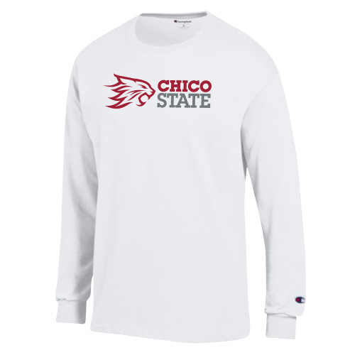  Champion White Long Sleeve T Shirt - Chico State Horizontal Mark