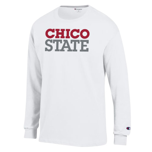  Champion White Long Sleeve T Shirt - Chico State Stacked