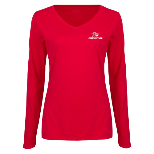  Womens Red Long Sleeve V Neck Tee - Chico State Primary Mark