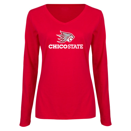  Womens Red Long Sleeve V Neck Tee - Chico State Primary Mark