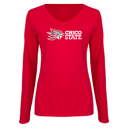  Womens Red Long Sleeve V Neck Tee - Chico State Horizontal Mark