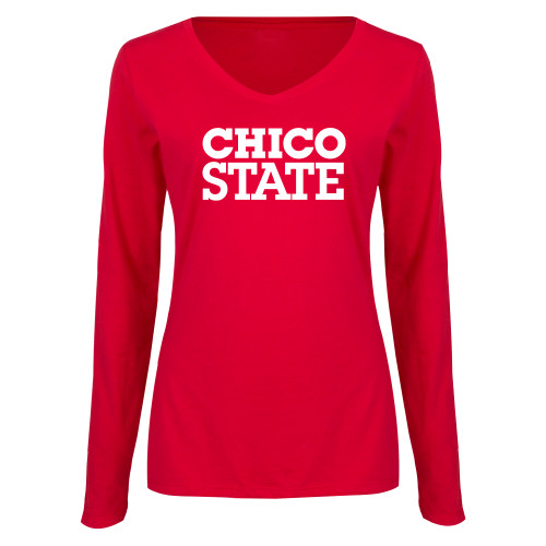  Womens Red Long Sleeve V Neck Tee - Chico State Stacked