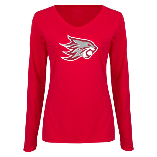  Womens Red Long Sleeve V Neck Tee - Wildcat Head
