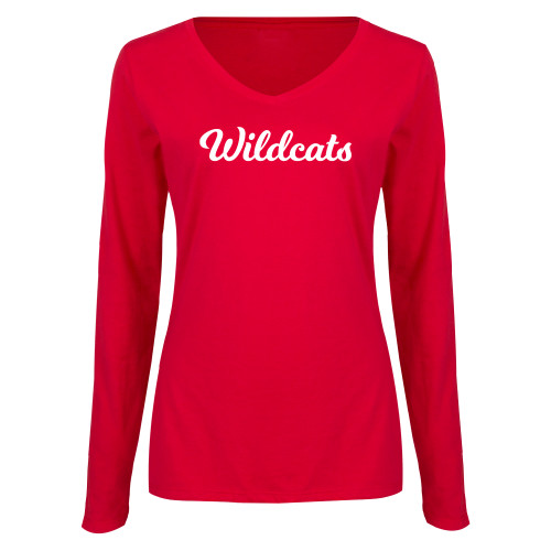  Womens Red Long Sleeve V Neck Tee - Wildcats Script