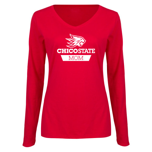  Womens Red Long Sleeve V Neck Tee - Chico State Mom