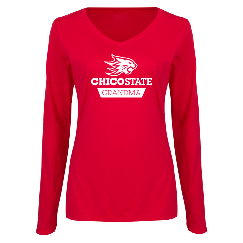  Womens Red Long Sleeve V Neck Tee - Chico State Grandma