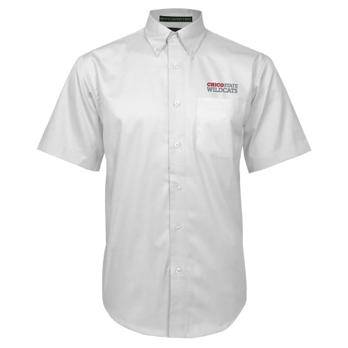 White Twill Button Down Short Sleeve - Chico State Wordmark EMB
