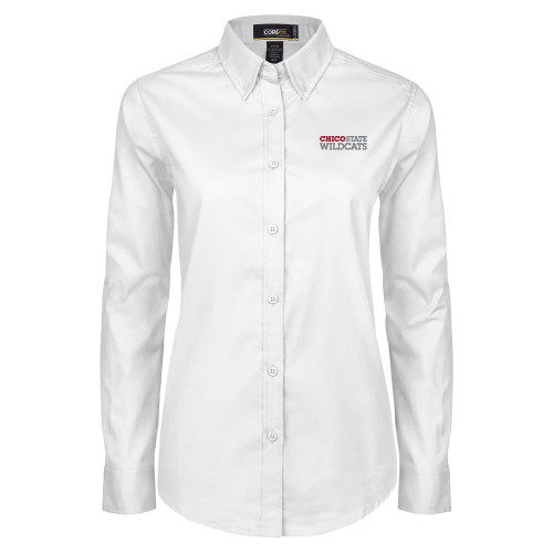  Womens White Twill Button Down Long Sleeve - Chico State Wordmark EMB