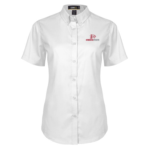  Womens White Twill Button Up Short Sleeve - Chico State Primary Mark EMB