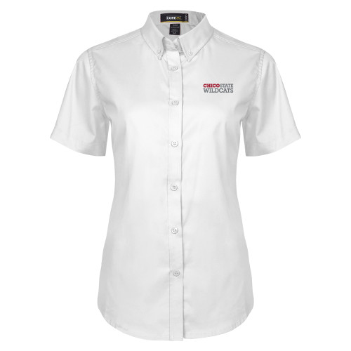 Womens White Twill Button Up Short Sleeve - Chico State Wordmark EMB