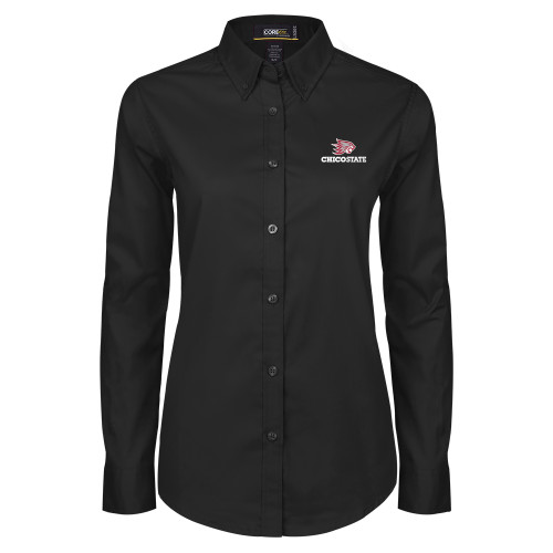  Womens Black Twill Button Down Long Sleeve  - Chico State Primary Mark EMB