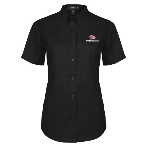  Womens Black Twill Button Up Short Sleeve - Chico State Primary Mark EMB