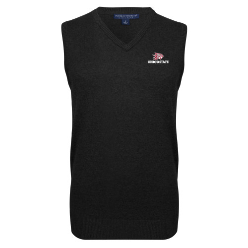  Black VNeck Sweater Vest - Chico State Primary Mark EMB