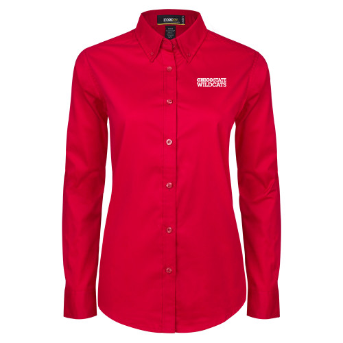  Womens Red Twill Button Down Long Sleeve  - Chico State Wordmark EMB