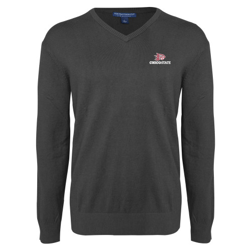  Charcoal Heather VNeck Sweater - Chico State Primary Mark EMB