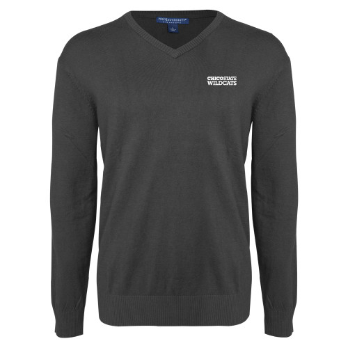  Charcoal Heather VNeck Sweater - Chico State Wordmark EMB
