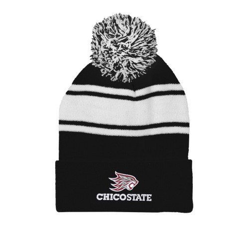  Black/White Two Tone Knit Pom Beanie w/Cuff - Chico State Primary Mark EMB
