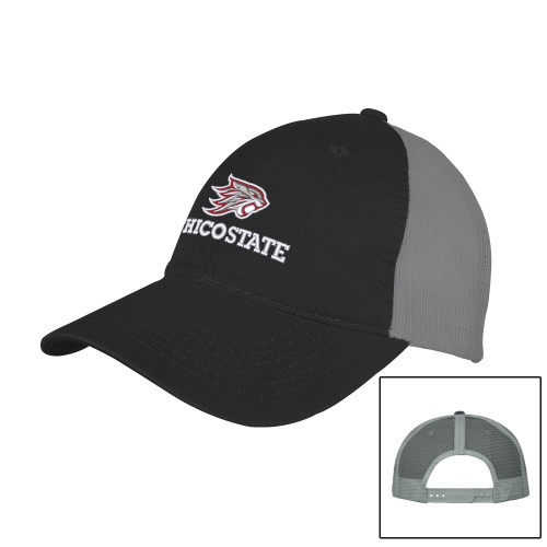  Black/Charcoal Mesh Back Unstructured Low Profile Hat - Chico State Primary Mark EMB