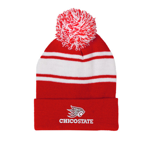  Red/White Two Tone Knit Pom Beanie w/Cuff - Chico State Primary Mark EMB