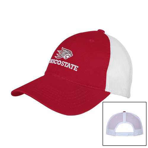  Red/White Mesh Back Unstructured Low Profile Hat - Chico State Primary Mark EMB