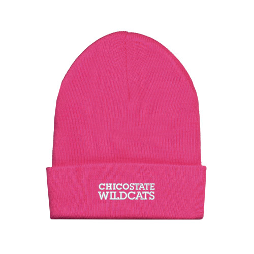  Fleece Lined Neon Pink Knit Beanie - Chico State Wordmark EMB