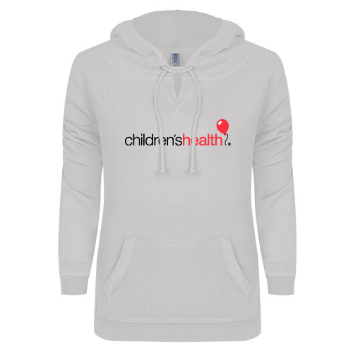  ENZA Womens White V Notch Raw Edge Fleece Hoodie - Childrens Health Logo